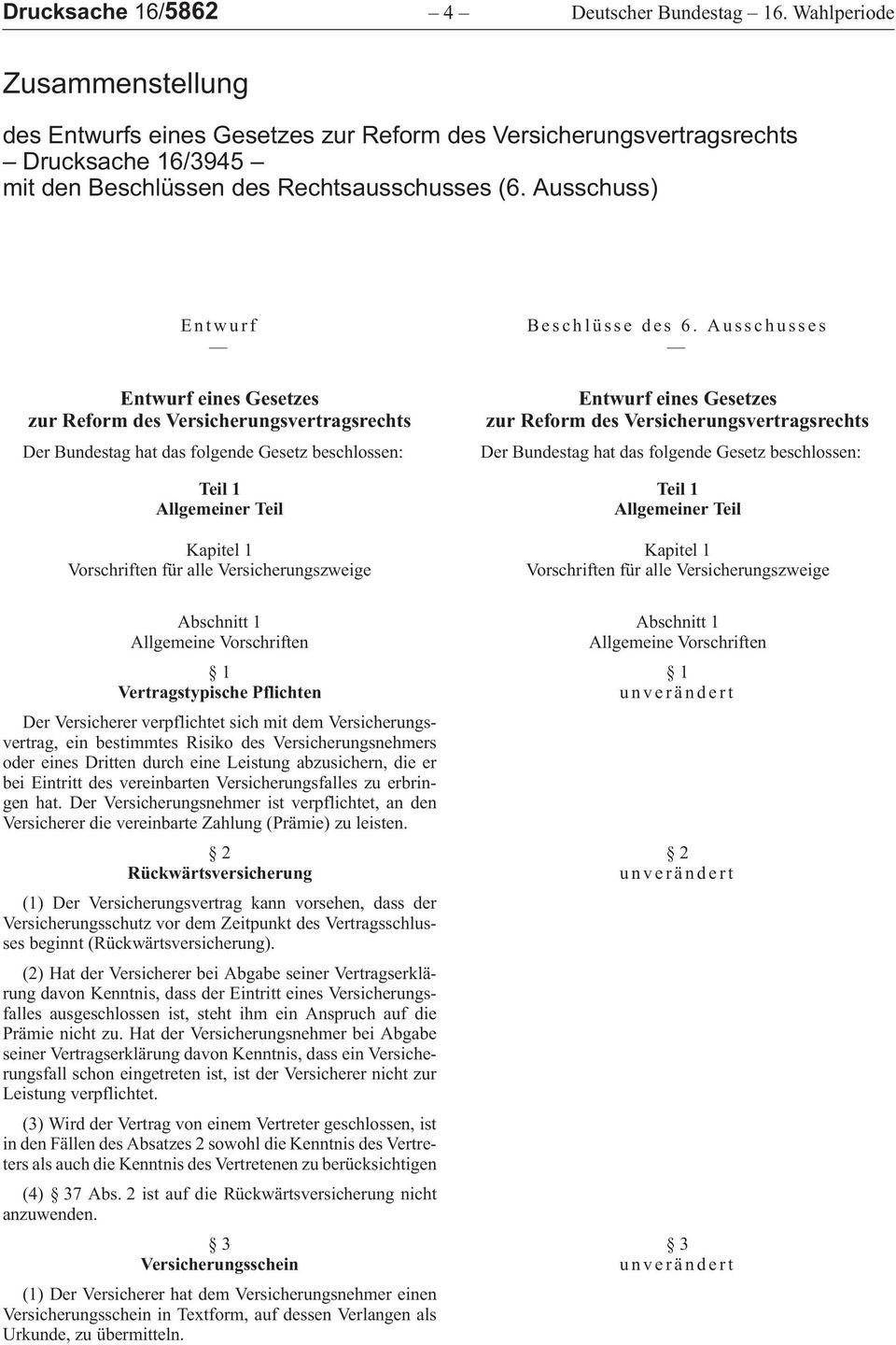 Ausschuss) eines Gesetzes zur Reform des Versicherungsvertragsrechts Der Bundestag hat das folgende Gesetz beschlossen: Teil 1 Allgemeiner Teil Kapitel 1 Vorschriften für alle Versicherungszweige