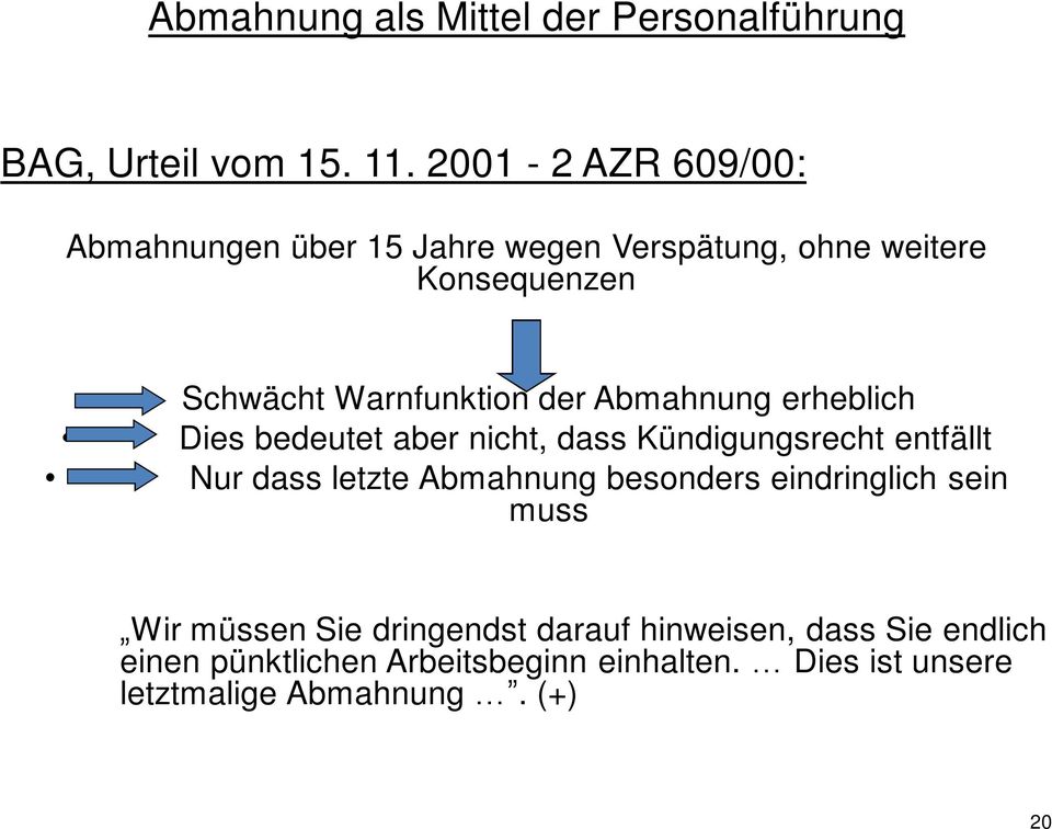 Abmahnung erheblich Dies bedeutet aber nicht, dass Kündigungsrecht entfällt Nur dass letzte Abmahnung besonders