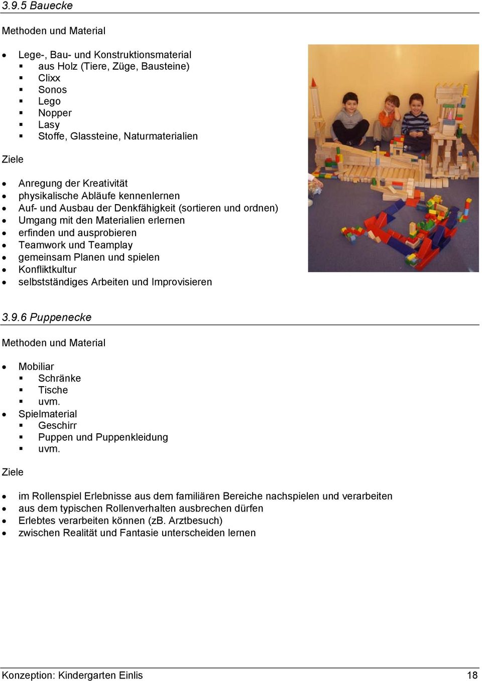 Planen und spielen Konfliktkultur selbstständiges Arbeiten und Improvisieren 3.9.6 Puppenecke Methoden und Material Mobiliar Schränke Tische uvm. Spielmaterial Geschirr Puppen und Puppenkleidung uvm.