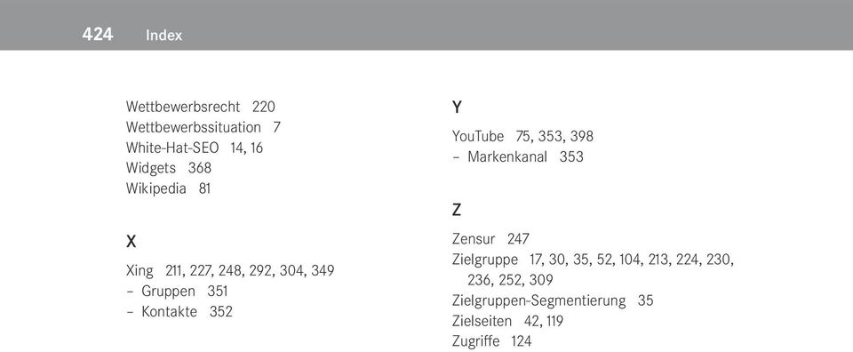 YouTube 75, 353, 398 Markenkanal 353 Z Zensur 247 Zielgruppe 17, 30, 35, 52, 104,
