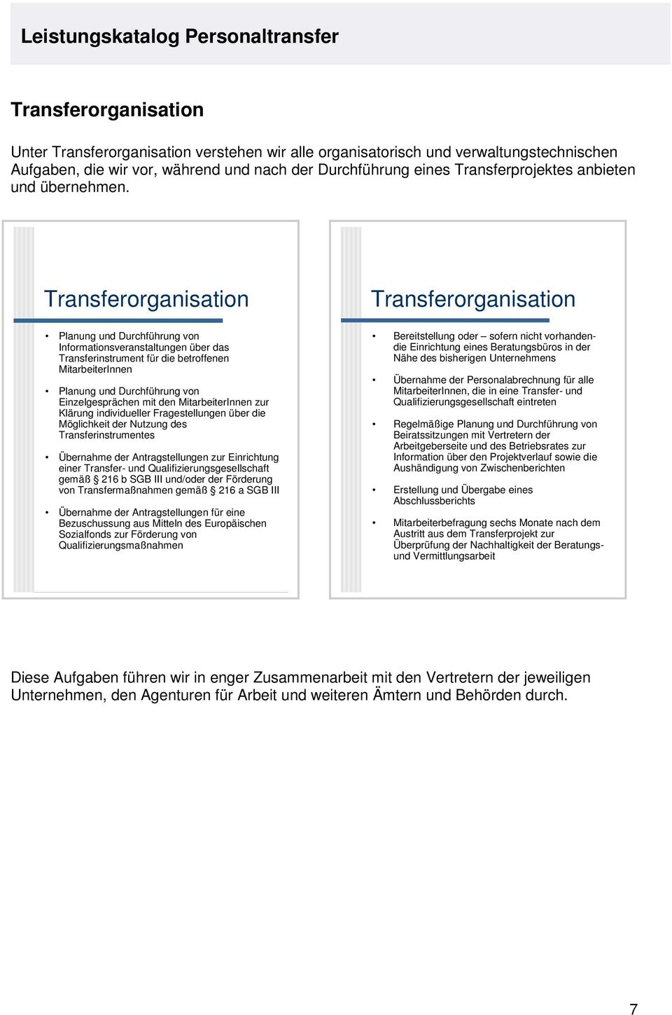 Transferorganisation Planung und Durchführung von Informationsveranstaltungen über das Transferinstrument für die betroffenen MitarbeiterInnen Planung und Durchführung von Einzelgesprächen mit den
