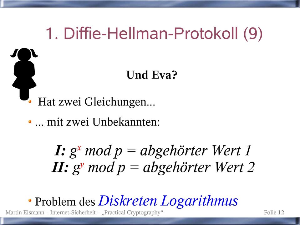 g y mod p = abgehörter Wert 2 Problem des Diskreten Logarithmus