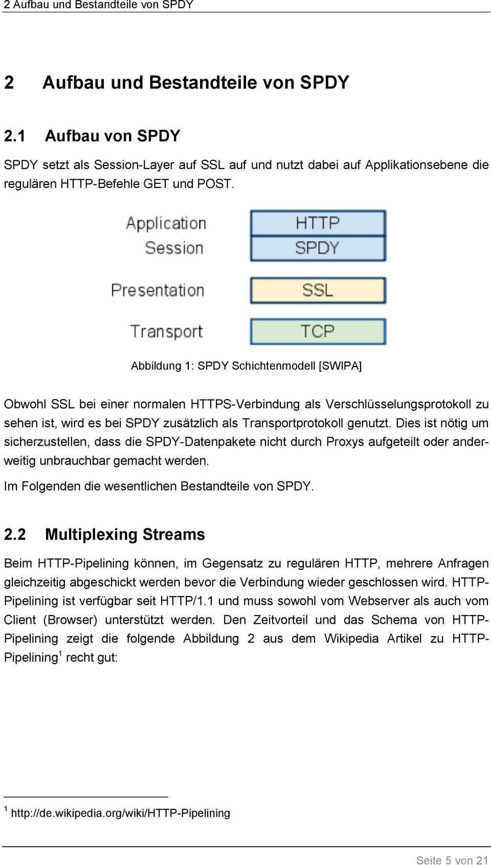 Abbildung 1: SPDY Schichtenmodell [SWIPA] Obwohl SSL bei einer normalen HTTPS-Verbindung als Verschlüsselungsprotokoll zu sehen ist, wird es bei SPDY zusätzlich als Transportprotokoll genutzt.