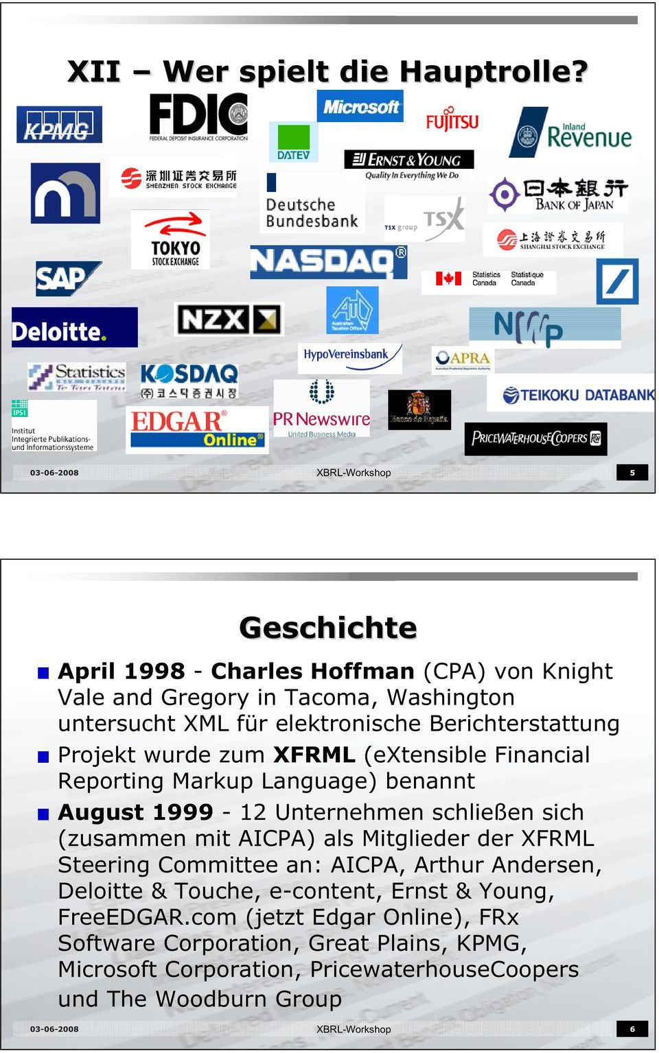 Berichterstattung Projekt wurde zum XFRML (extensible Financial Reporting Markup Language) benannt August 1999-12 Unternehmen schließen sich (zusammen mit