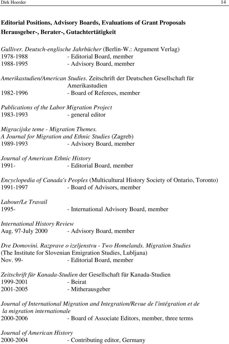 Zeitschrift der Deutschen Gesellschaft für Amerikastudien 1982-1996 - Board of Referees, member Publications of the Labor Migration Project 1983-1993 - general editor Migracijske teme - Migration