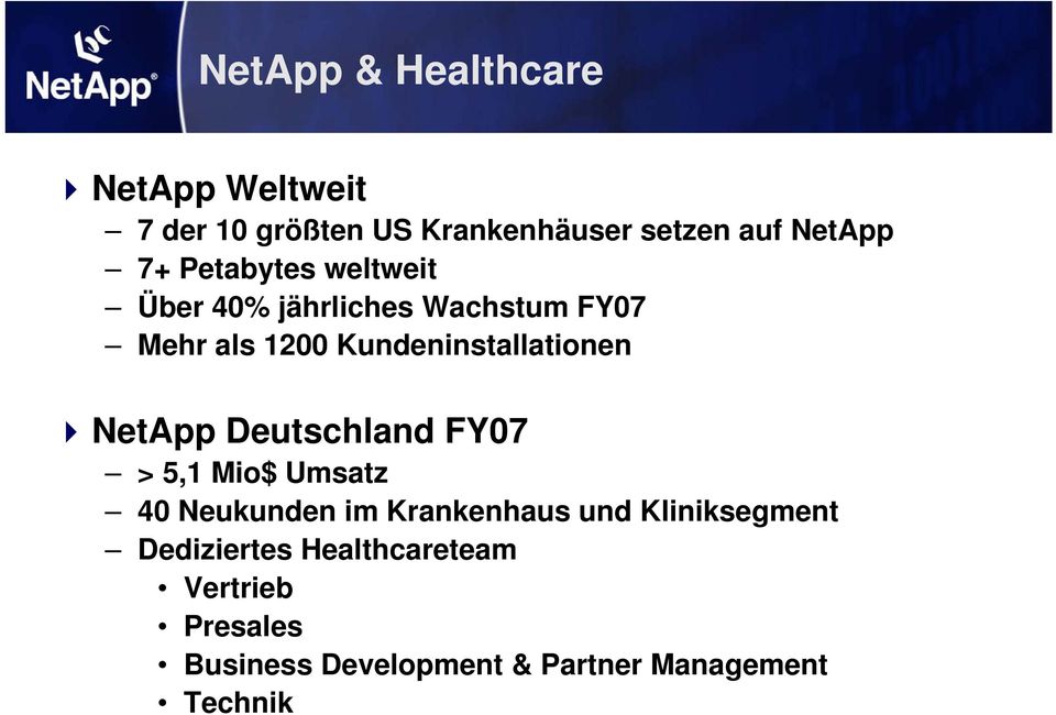 NetApp Deutschland FY07 > 5,1 Mio$ Umsatz 40 Neukunden im Krankenhaus und Kliniksegment