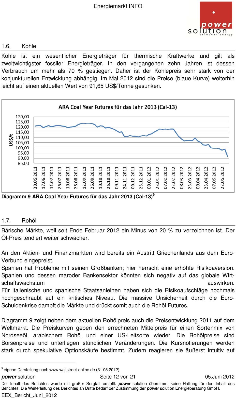 Im Mai 2012 sind die Preise (blaue Kurve) weiterhin leicht auf einen aktuellen Wert von 91,65 US$/Tonne gesunken. Diagramm 9 ARA Coal Year Futures für das Jahr 2013 (Cal-13) 9 1.7.
