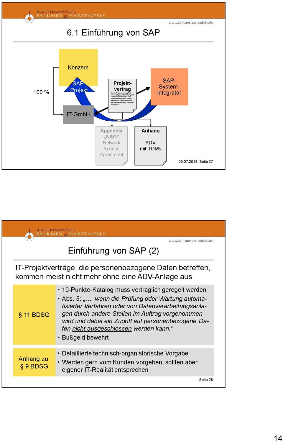 2014, Seite 27 Einführung von SAP (2) IT-Projektverträge, die personenbezogene Daten betreffen, kommen meist nicht mehr ohne eine ADV-Anlage aus.