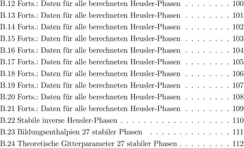 18 Forts.: Daten für alle berechneten Heusler-Phasen........ 106 B.19 Forts.: Daten für alle berechneten Heusler-Phasen........ 107 B.20 Forts.: Daten für alle berechneten Heusler-Phasen........ 108 B.