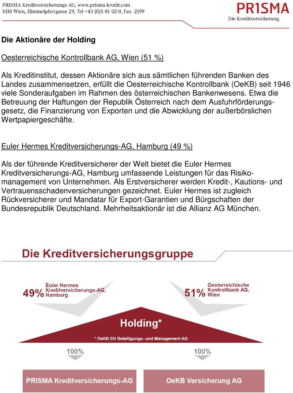 Etwa die Betreuung der Haftungen der Republik Österreich nach dem Ausfuhrförderungsgesetz, die Finanzierung von Exporten und die Abwicklung der außerbörslichen Wertpapiergeschäfte.