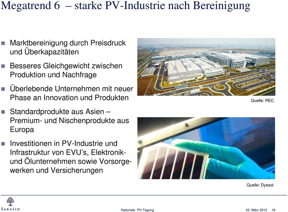 Standardprodukte aus Asien Premium- und Nischenprodukte aus Europa Quelle: REC Investitionen in PV-Industrie und