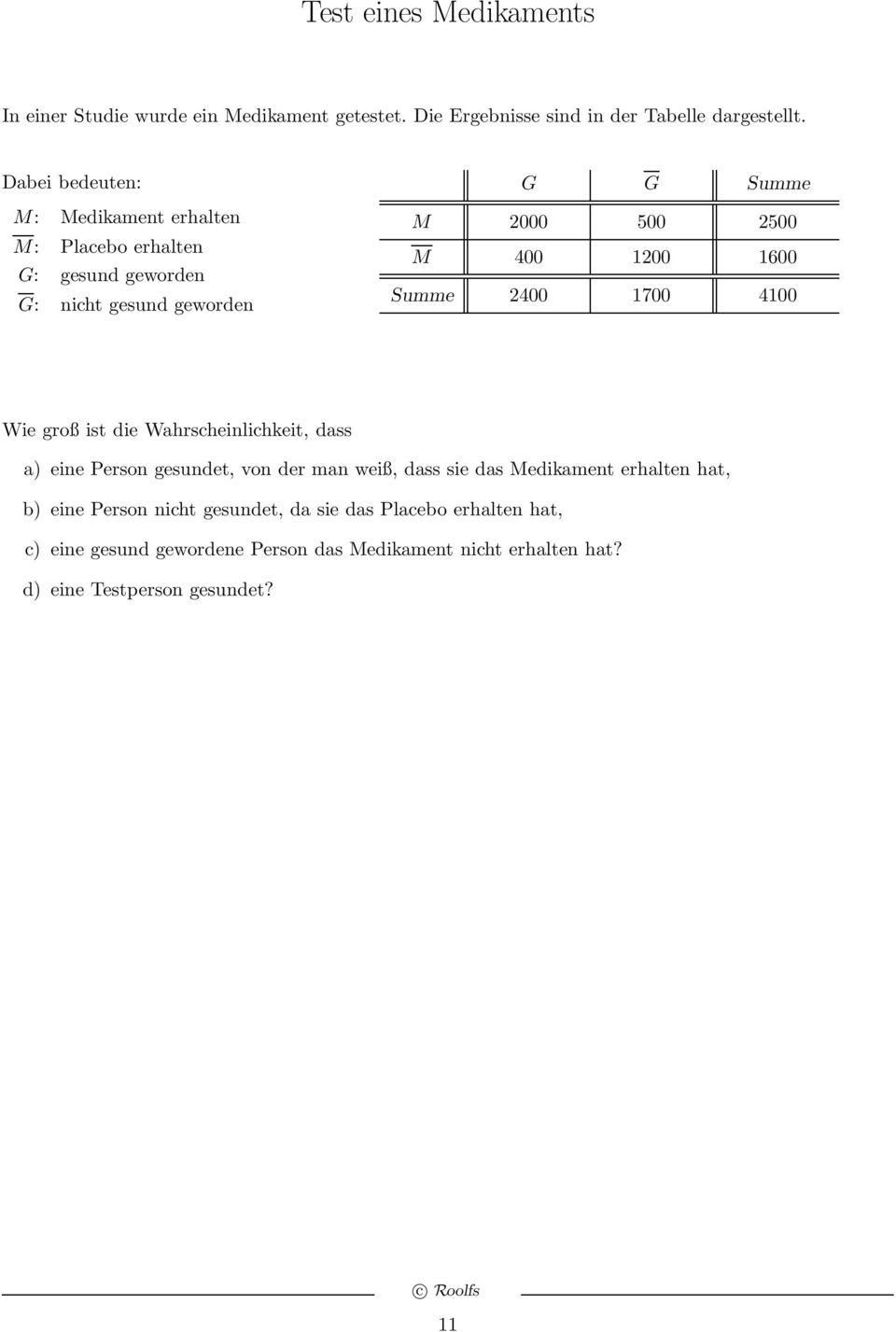 200 600 Summe 200 700 00 Wie groß it die Wahrcheinlichkeit, da a) eine Peron geundet, von der man weiß, da ie da Medikament erhalten