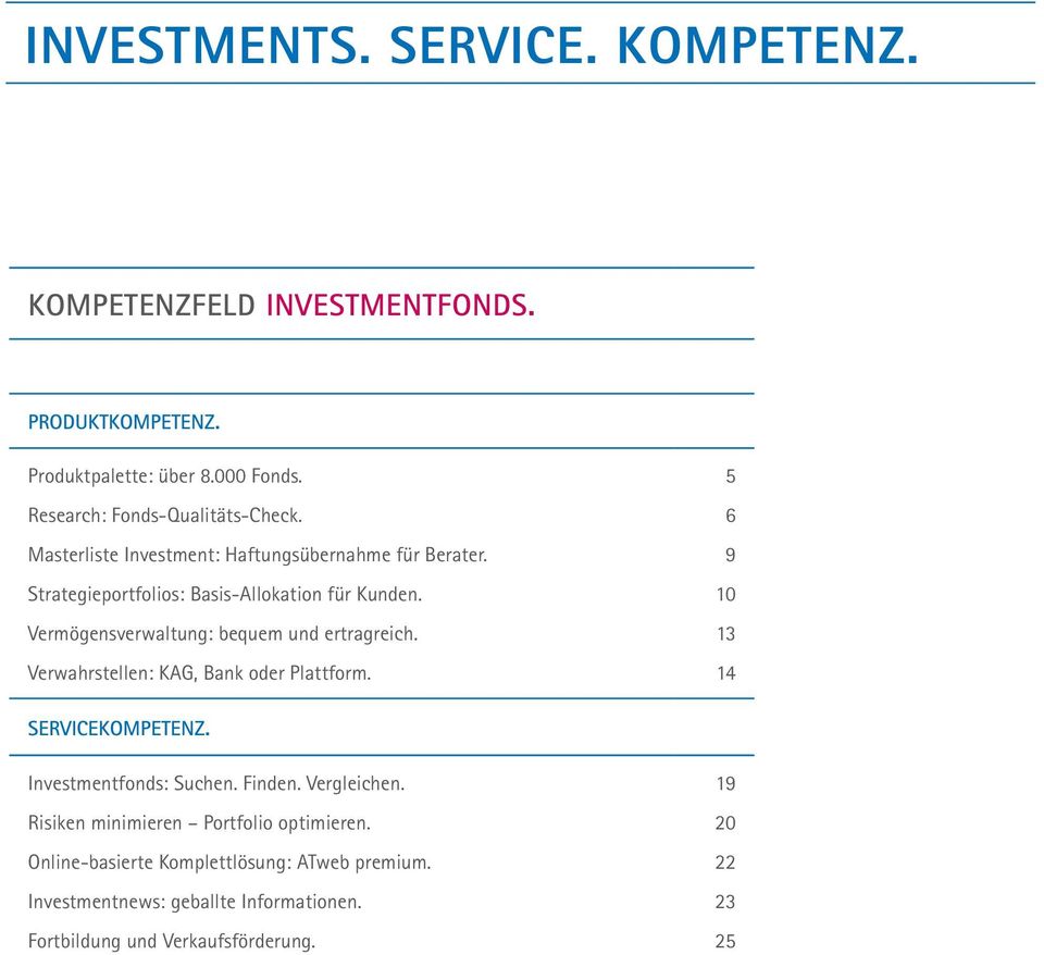Verwahrstellen: KAG, Bank oder Plattform. 5 6 9 10 13 14 SERVICEKOMPETENZ. Investmentfonds: Suchen. Finden. Vergleichen.