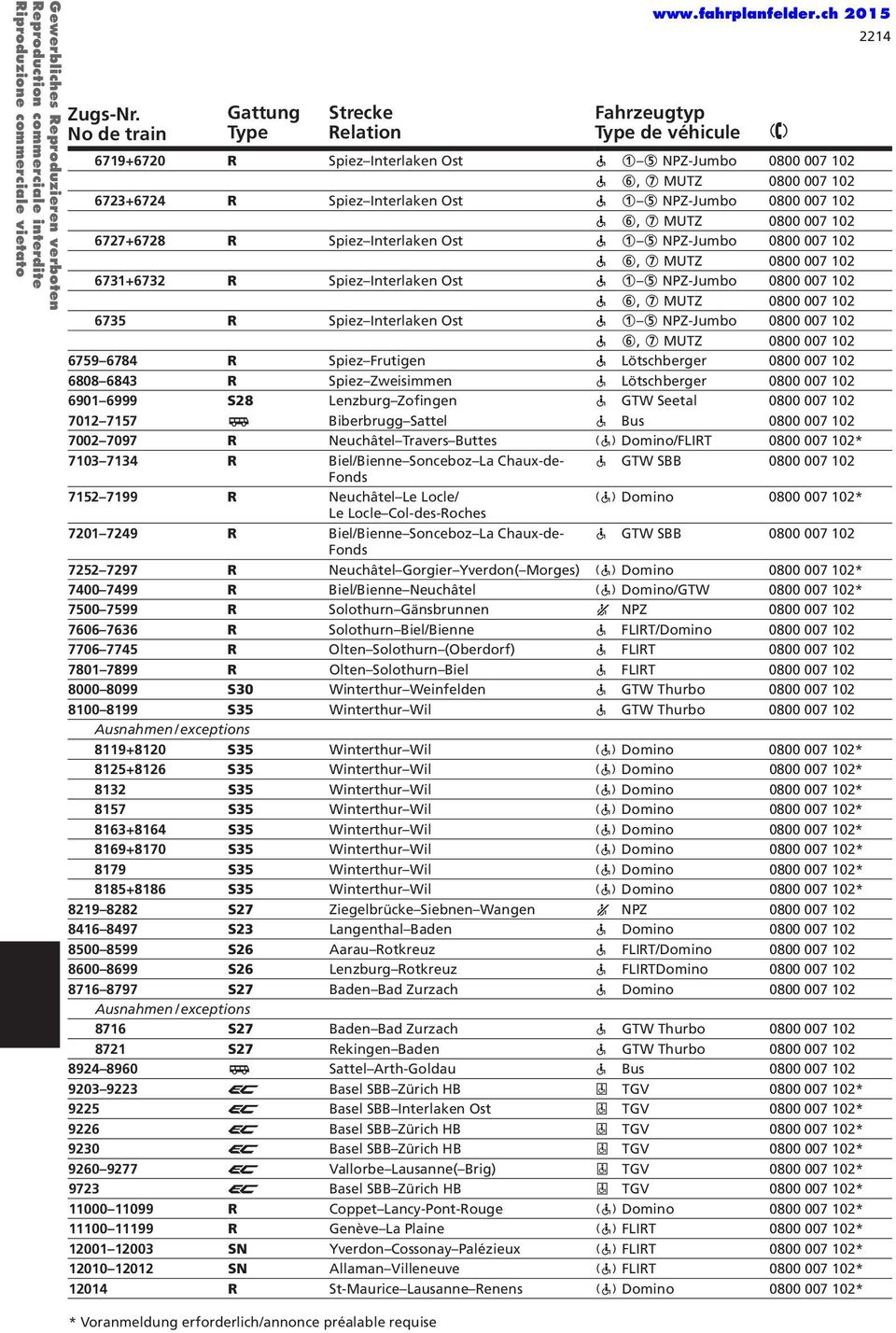 Zweisimmen ä Lötschberger 0800 007 102 6901 6999 S28 Lenzburg Zofingen ä GTW Seetal 0800 007 102 7012 7157 a Biberbrugg Sattel ä Bus 0800 007 102 7002 7097 R Neuchtel Travers Buttes Ë Domino/FLIRT