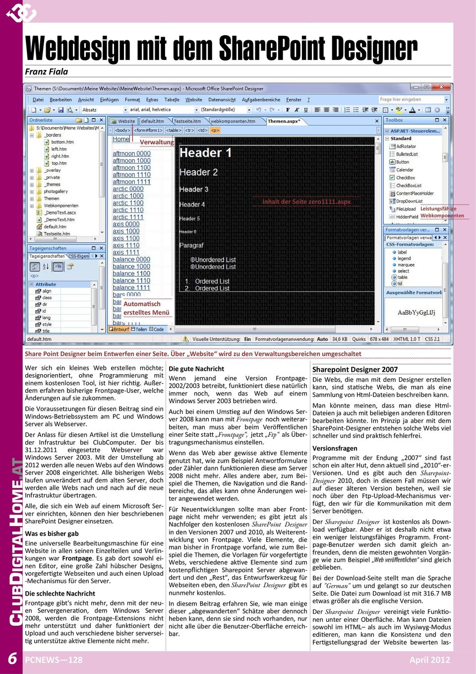 aspx Leistungsfähige Webkomponenten Automa sch erstelltes Menü Share Point Designer beim Entwerfen einer Seite.