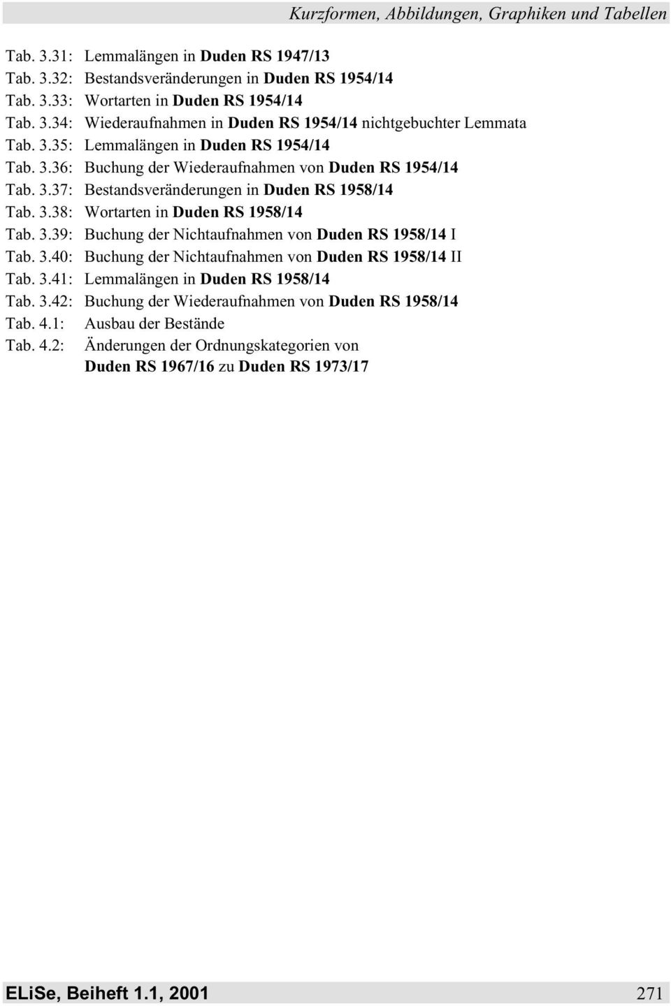 3.40: Buchung der Nichtaufnahmen von Duden RS 1958/14 II Tab. 3.41: Lemmalängen in Duden RS 1958/14 Tab. 3.42: Buchung der Wiederaufnahmen von Duden RS 1958/14 Tab. 4.