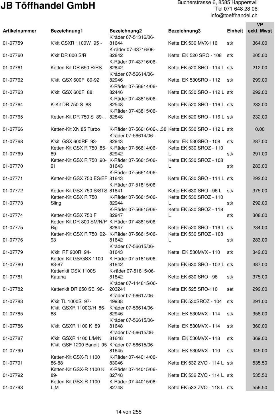 00 K-Räder 07-56614/06-01-07763 K'kit GSX 600F 88 82446 Kette EK 530 SRO - 112 L stk 292.00 01-07764 K-Kit DR 750 S 88 K-Räder 07-43815/06-82548 Kette EK 520 SRO - 116 L stk 232.