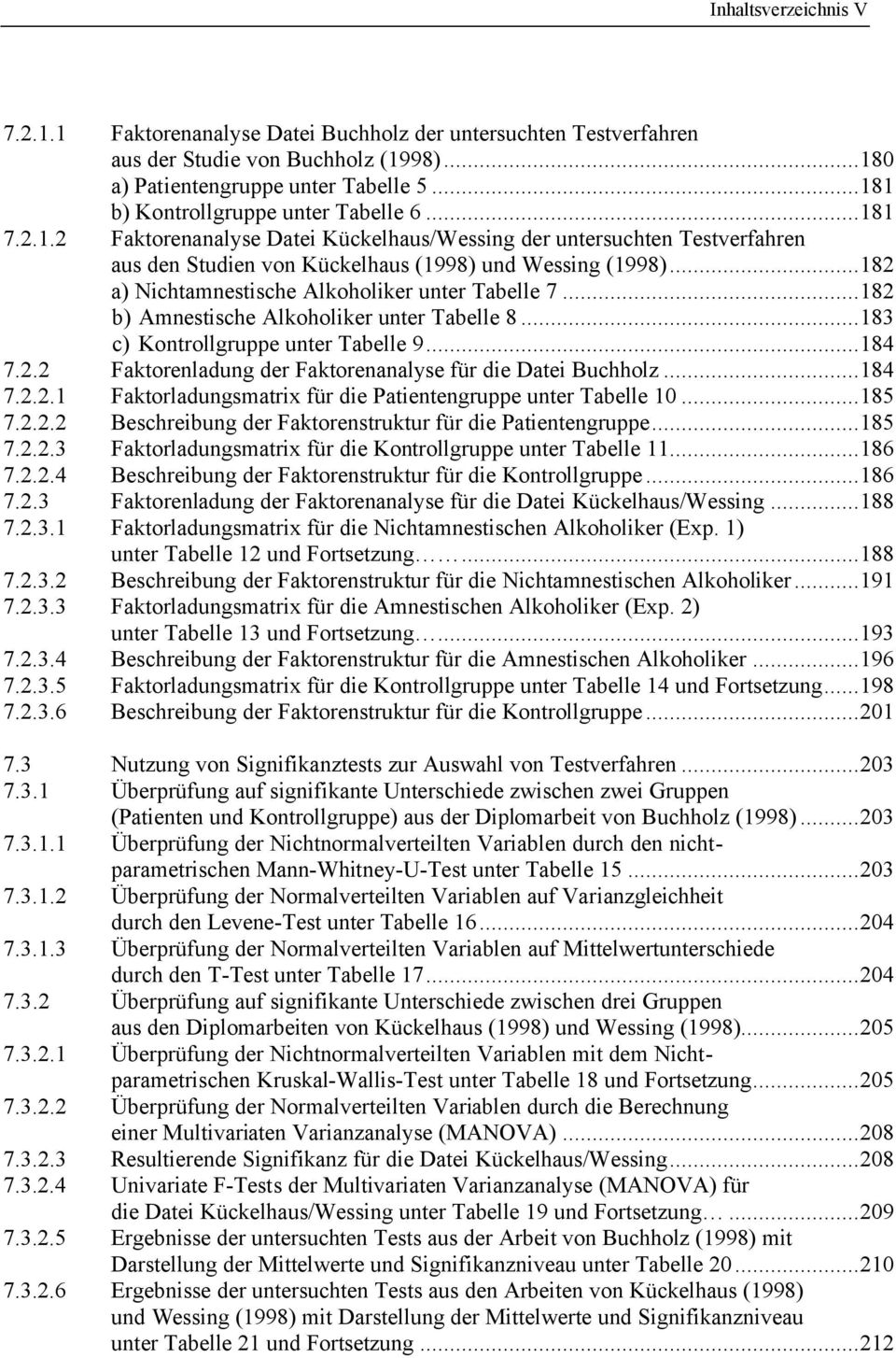 ..182 a) Nichtamnestische Alkoholiker unter Tabelle 7...182 b) Amnestische Alkoholiker unter Tabelle 8...183 c) Kontrollgruppe unter Tabelle 9...184 7.2.2 Faktorenladung der Faktorenanalyse für die Datei Buchholz.