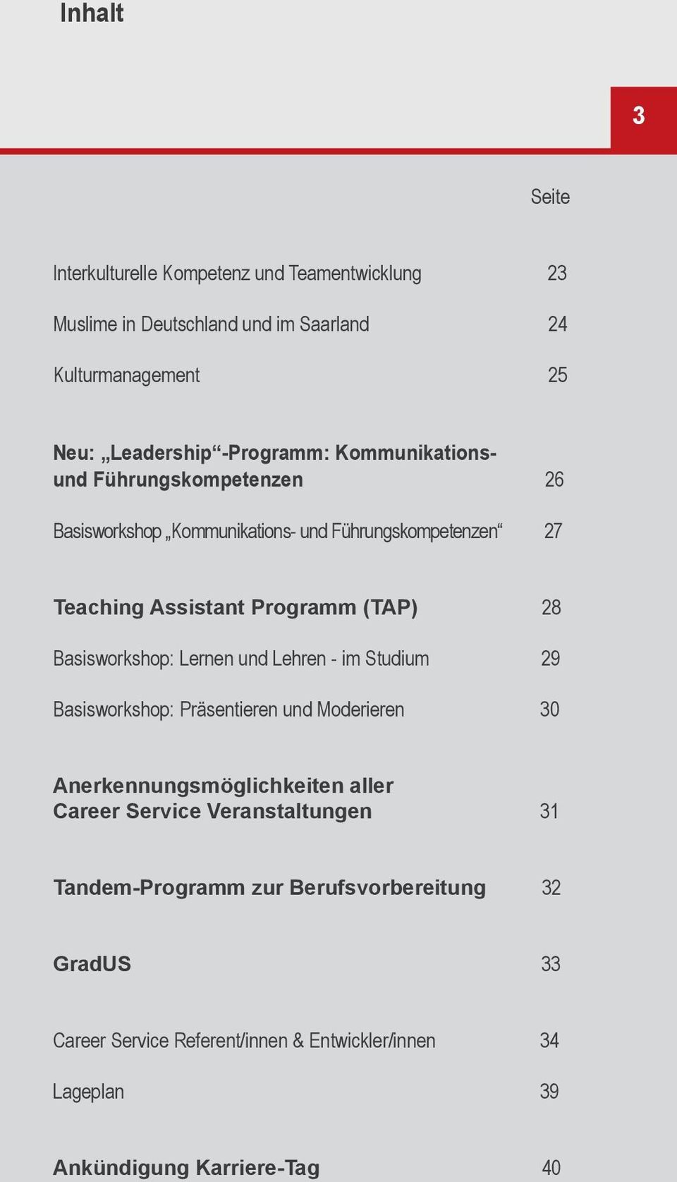 Basisworkshop: Lernen und Lehren - im Studium 29 Basisworkshop: Präsentieren und Moderieren 30 Anerkennungsmöglichkeiten aller Career Service