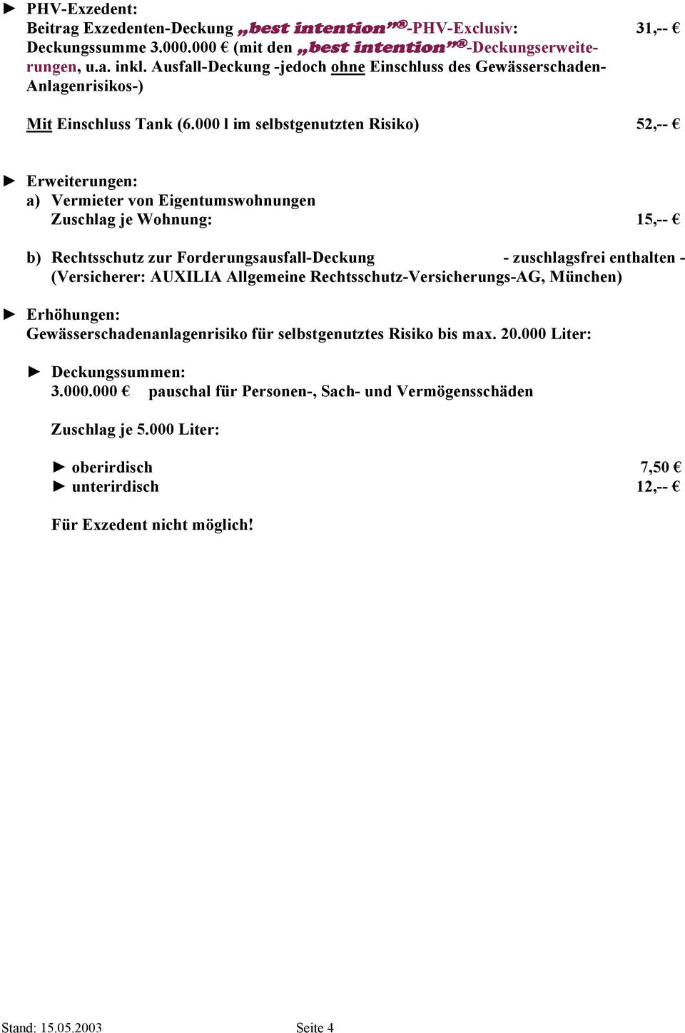 000 l im selbstgenutzten Risiko) 52,-- Erweiterungen: a) Vermieter von Eigentumswohnungen Zuschlag je Wohnung: 15,-- b) Rechtsschutz zur Forderungsausfall-Deckung - zuschlagsfrei