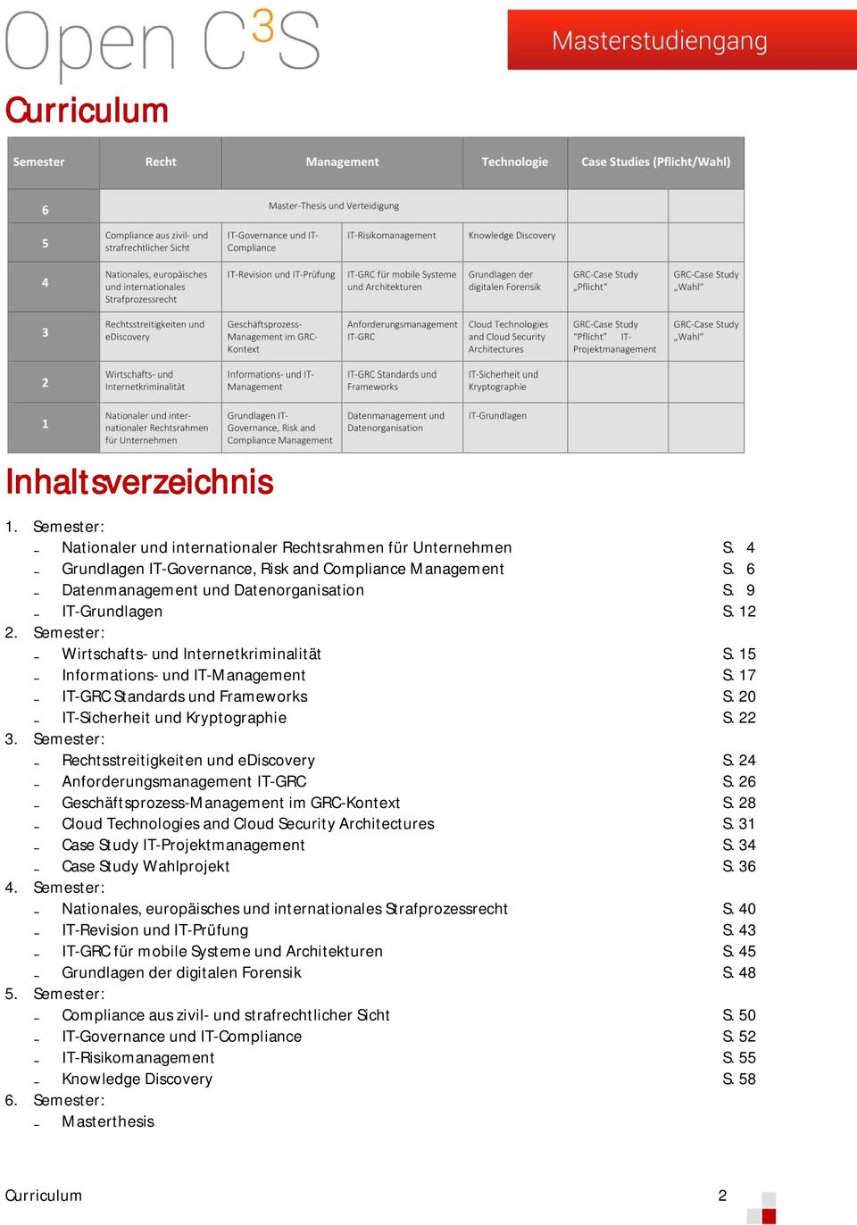 20 IT-Sicherheit und Kryptographie S. 22 3. Semester: Rechtsstreitigkeiten und ediscovery S. 24 Anforderungsmanagement IT-GRC S. 26 Geschäftsprozess-Management im GRC-Kontext S.