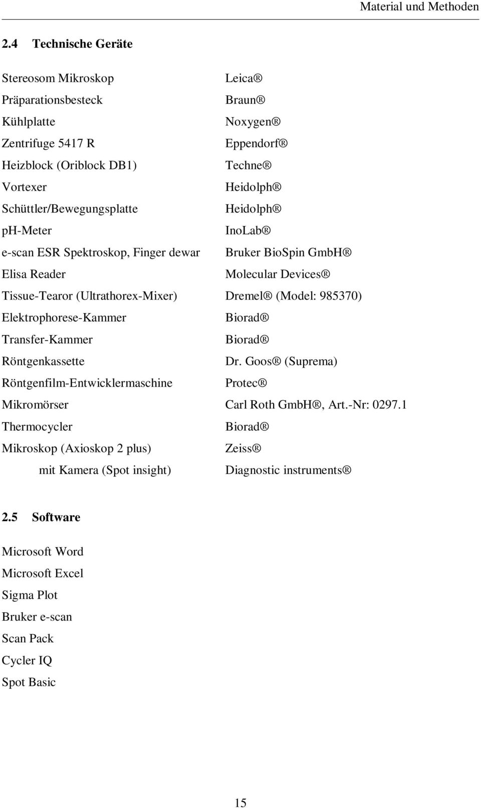 Schüttler/Bewegungsplatte Heidolph ph-meter InoLab e-scan ESR Spektroskop, Finger dewar Bruker BioSpin GmbH Elisa Reader Molecular Devices Tissue-Tearor (Ultrathorex-Mixer) Dremel (Model: