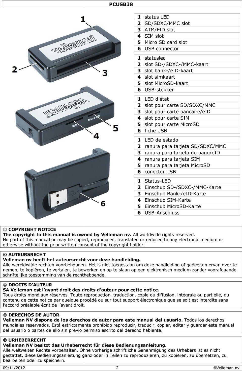 SD/SDXC/MMC 3 ranura para tarjeta de pago/eid 4 ranura para tarjeta SIM 5 ranura para tarjeta MicroSD 6 conector USB 1 Status-LED 2 Einschub SD-/SDXC-/MMC-Karte 3 Einschub Bank-/eID-Karte 4 Einschub