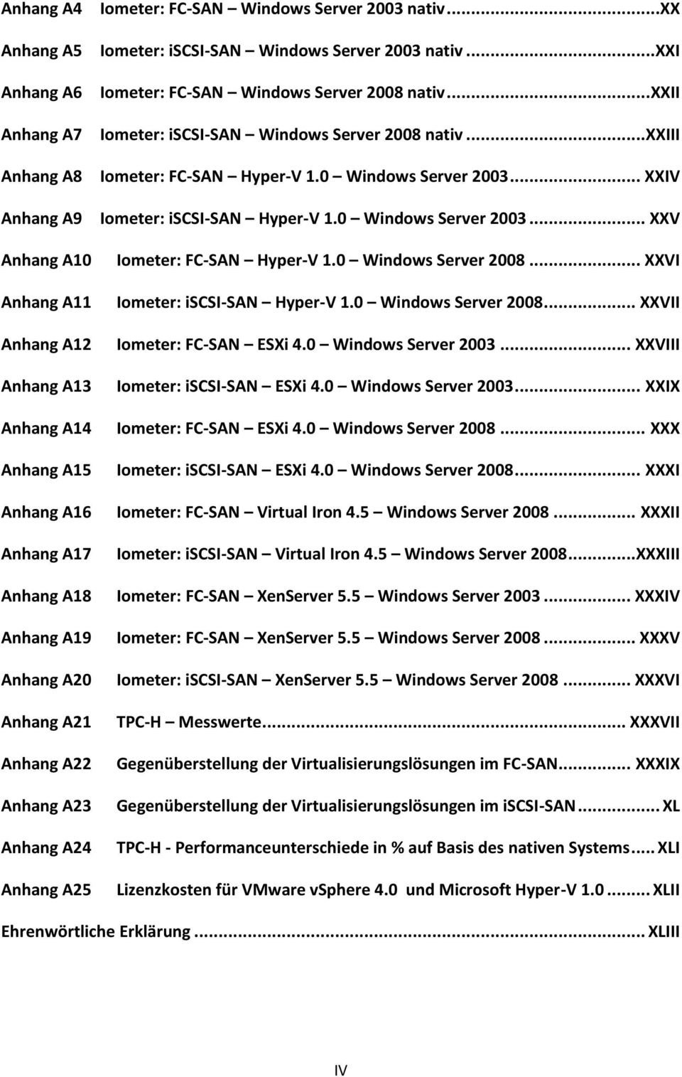 .. XXII Iometer: iscsi-san Windows Server 2008 nativ... XXIII Iometer: FC-SAN Hyper-V 1.0 Windows Server 2003... XXIV Iometer: iscsi-san Hyper-V 1.0 Windows Server 2003... XXV Iometer: FC-SAN Hyper-V 1.