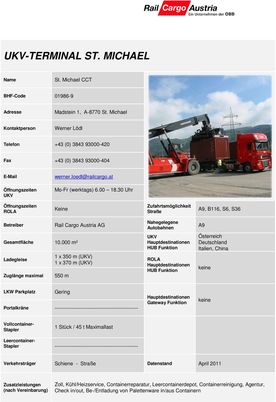 000 m² Rail Cargo Austria AG 1 x 350 m () 1 x 370 m () 550 m A9 Deutschland Italien, China Gering Portalkräne ------------------------------------------------- Vollcontainer- 1 Stück / 45 t