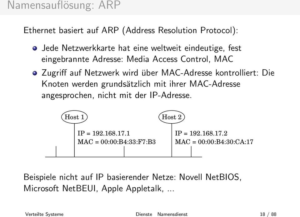 Die Knoten werden grundsätzlich mit ihrer MAC-Adresse angesprochen, nicht mit der IP-Adresse. Host 1 Host 2 IP = 192.168.17.