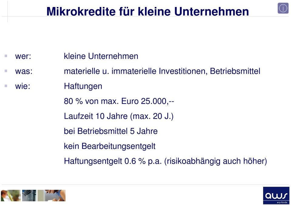 immaterielle Investitionen, Betriebsmittel Haftungen 80 % von max. Euro 25.