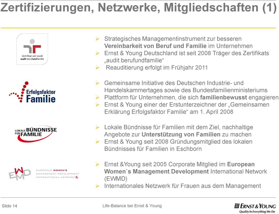 Unternehmen, die sich familienbewusst engagieren Ernst & Young einer der Erstunterzeichner der Gemeinsamen Erklärung Erfolgsfaktor Familie am 1.