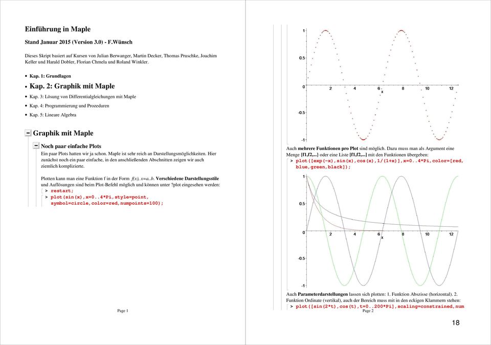: Graphik mit Maple Kap. 3: Lösung von Differentialgleichungen mit Maple Kap. 4: Programmierung und Prozeduren Kap.