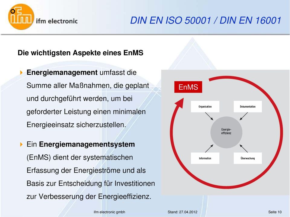 EnMS Ein Energiemanagementsystem (EnMS) dient der systematischen Erfassung der Energieströme und als