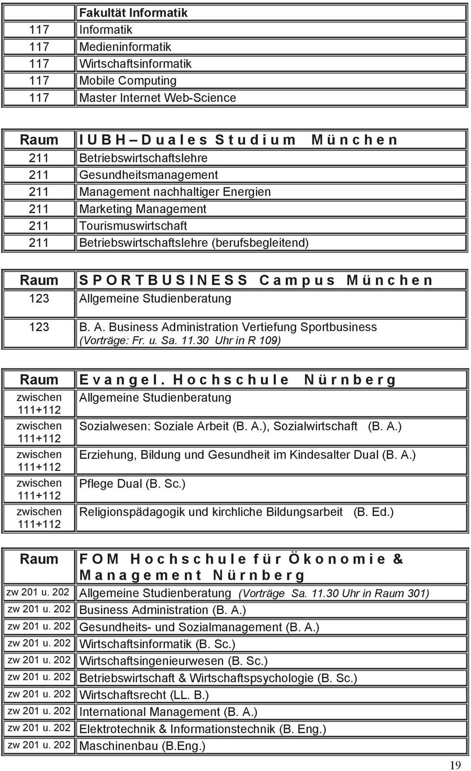 TTEILNAHMEBESCHEINIGUNGEN GIBT ES IN DER TURNHALLE!!! Raum S P O R T B U S I N E S S C a m p u s M ü n c h e n 123 Allgemeine Studienberatung 123 B. A. Business Administration Vertiefung Sportbusiness (Vorträge: Fr.