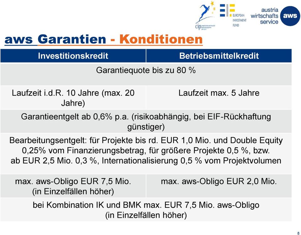 und Double Equity 0,25% vom Finanzierungsbetrag, für größere Projekte 0,5 %, bzw. ab EUR 2,5 Mio.