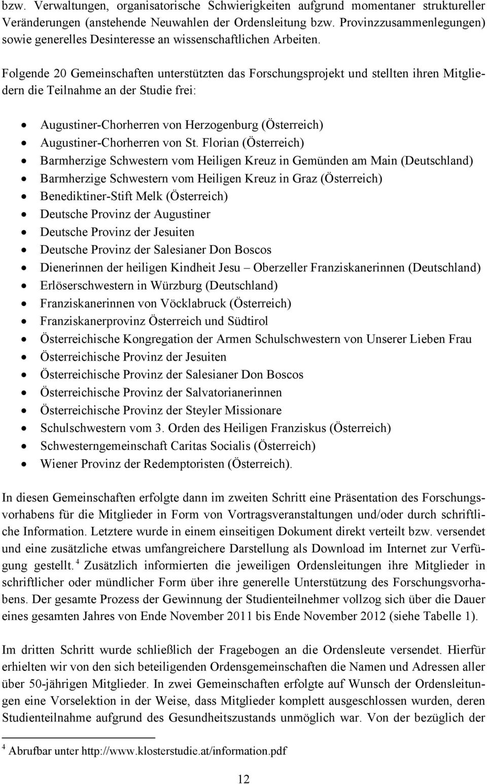 Folgende 20 Gemeinschaften unterstützten das Forschungsprojekt und stellten ihren Mitgliedern die Teilnahme an der Studie frei: Augustiner-Chorherren von Herzogenburg (Österreich)