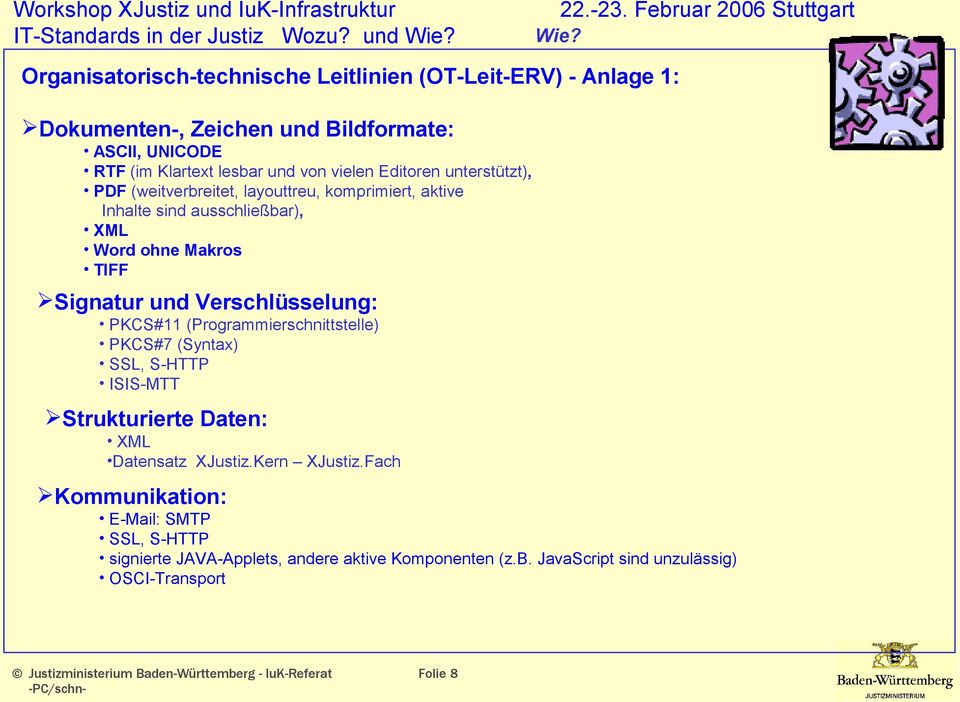 PKCS#11 (Programmierschnittstelle) PKCS#7 (Syntax) SSL, S-HTTP ISIS-MTT Strukturierte Daten: XML Datensatz XJustiz.Kern XJustiz.