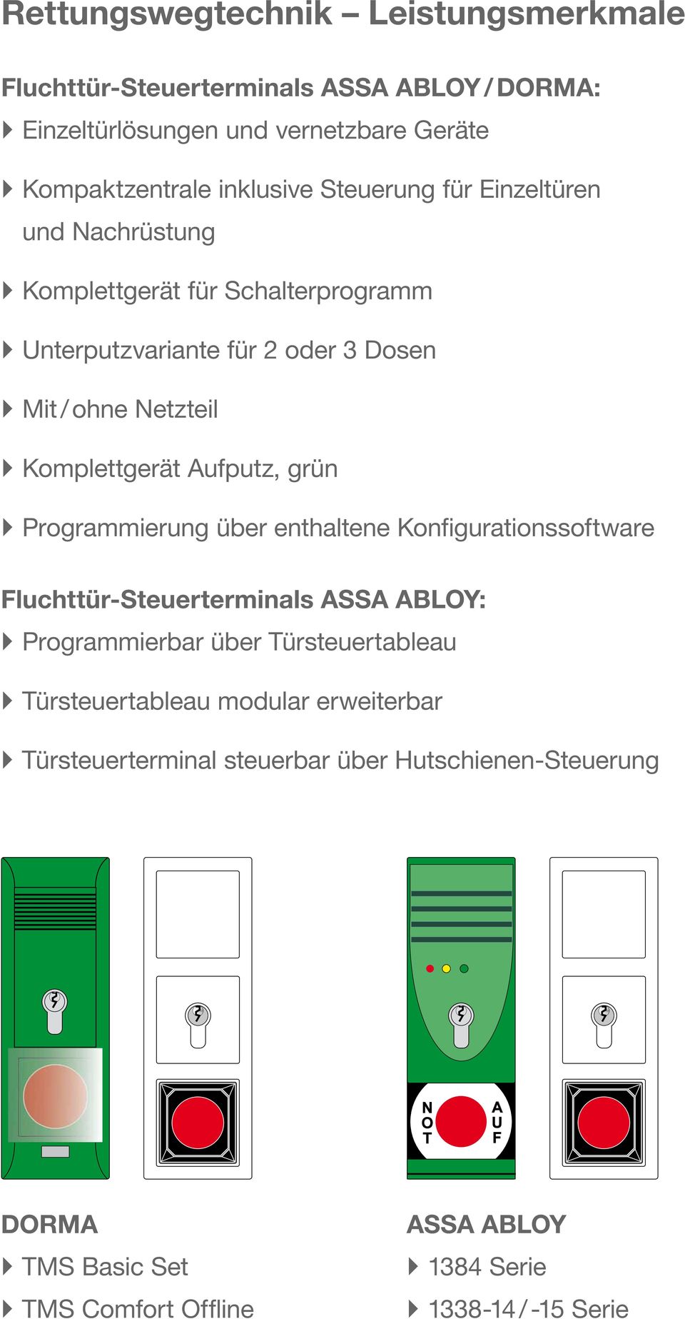 ``Programmierung über enthaltene Konfigurationssoftware Fluchttür-Steuerterminals ASSA ABLOY: ``Programmierbar über Türsteuertableau ``Türsteuertableau modular