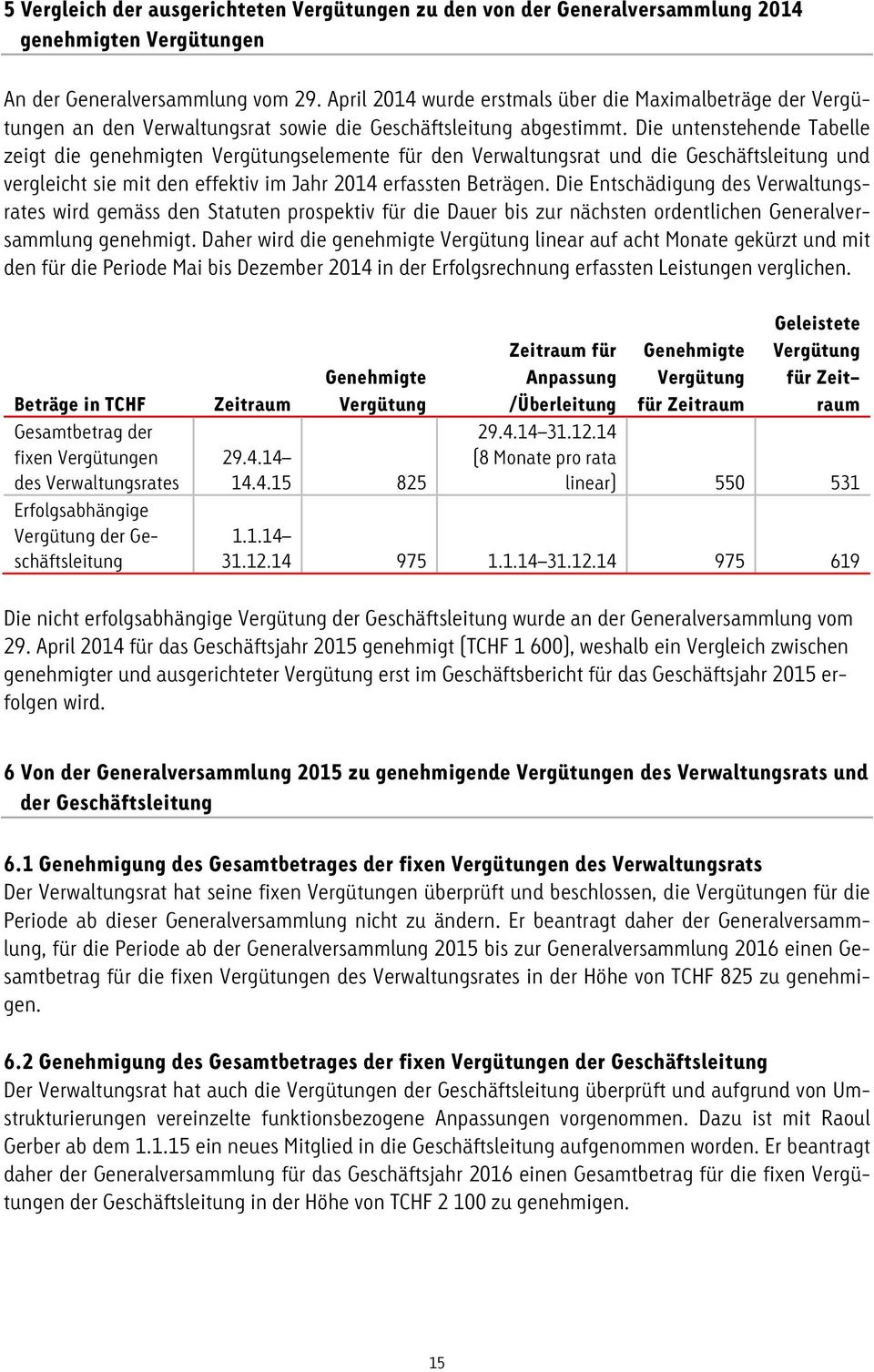 Die untenstehende Tabelle zeigt die genehmigten Vergütungselemente für den Verwaltungsrat und die Geschäftsleitung und vergleicht sie mit den effektiv im Jahr 2014 erfassten Beträgen.
