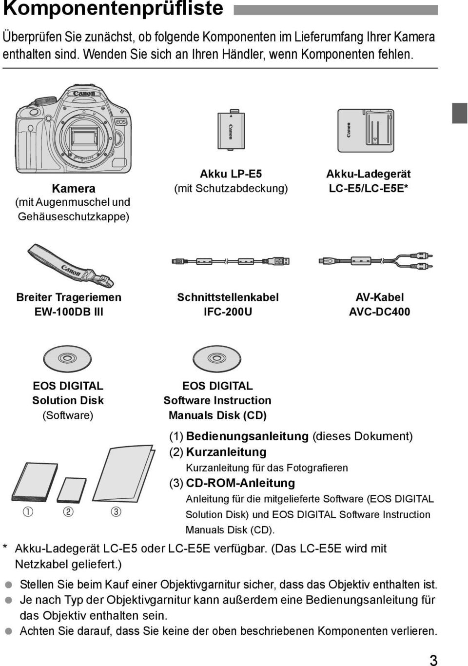 Solution Dis (Software) EOS DIGITAL Software Instruction Manuals Dis (CD) (1) Bedienungsanleitung (dieses Doument) (2) Kurzanleitung Kurzanleitung für das Fotografieren (3) CD-ROM-Anleitung Anleitung