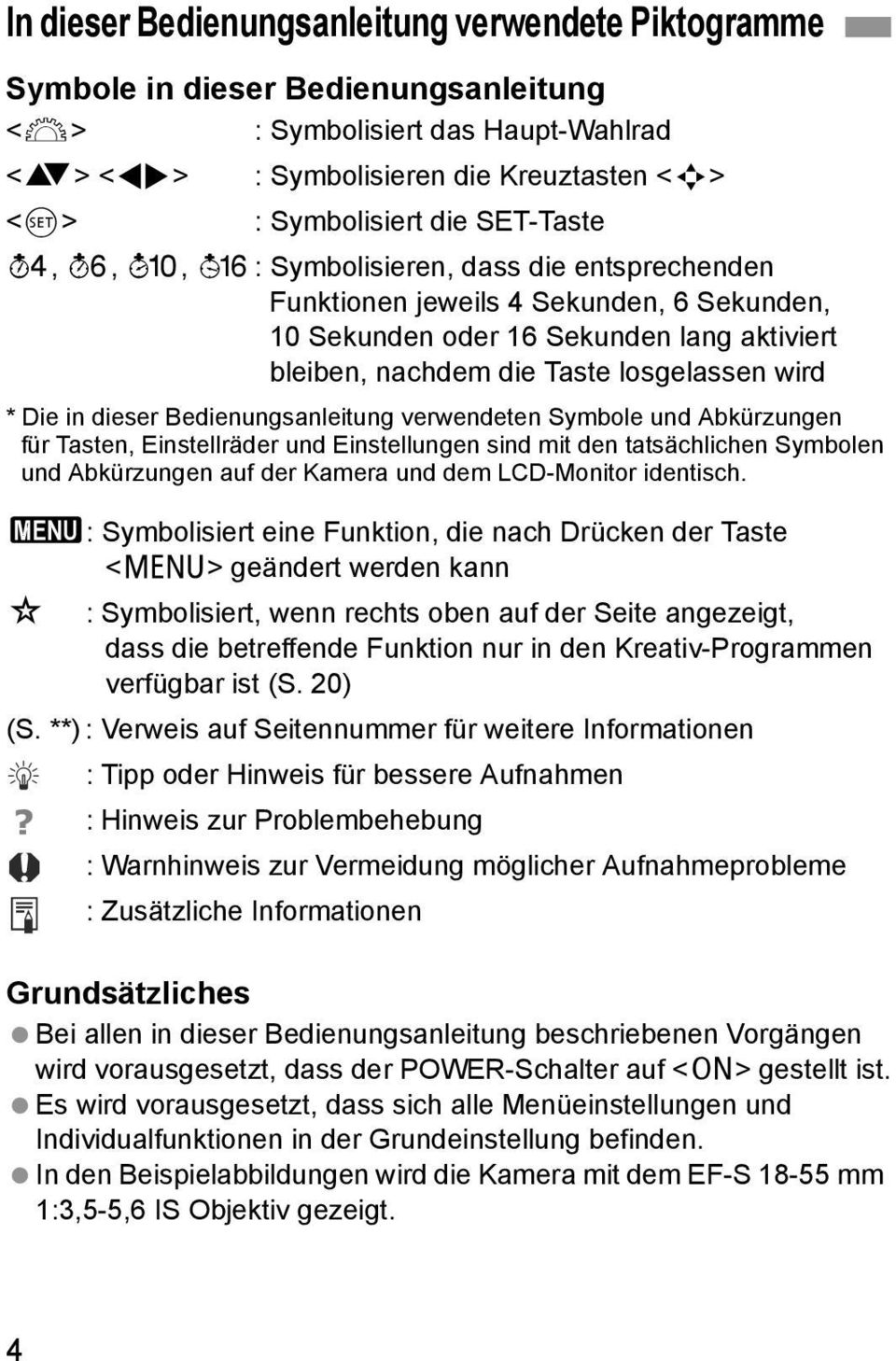 dieser Bedienungsanleitung verwendeten Symbole und Abürzungen für Tasten, Einstellräder und Einstellungen sind mit den tatsächlichen Symbolen und Abürzungen auf der Kamera und dem LCD-Monitor