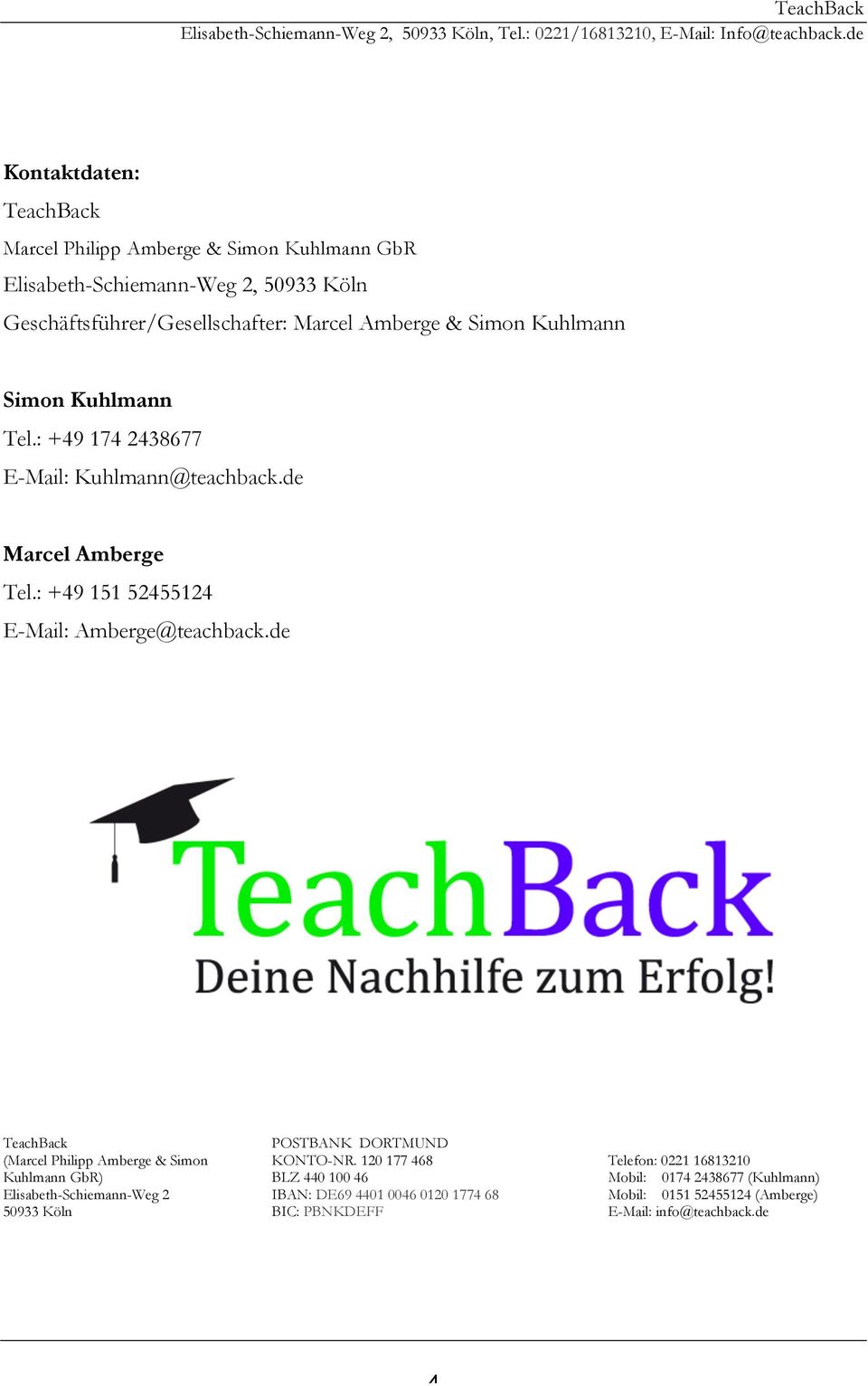 de TeachBack POSTBANK DORTMUND (Marcel Philipp Amberge & Simn KONTO-NR.