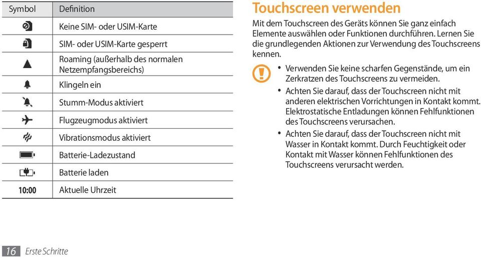 durchführen. Lernen Sie die grundlegenden Aktionen zur Verwendung des Touchscreens kennen. Verwenden Sie keine scharfen Gegenstände, um ein Zerkratzen des Touchscreens zu vermeiden.