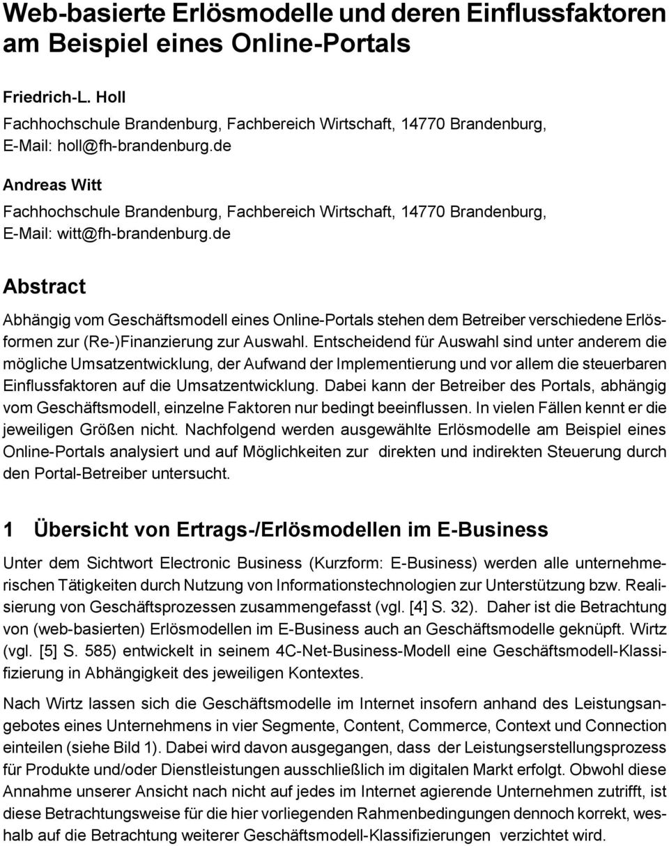 de Andreas Witt Fachhochschule Brandenburg, Fachbereich Wirtschaft, 14770 Brandenburg, E-Mail: witt@fh-brandenburg.