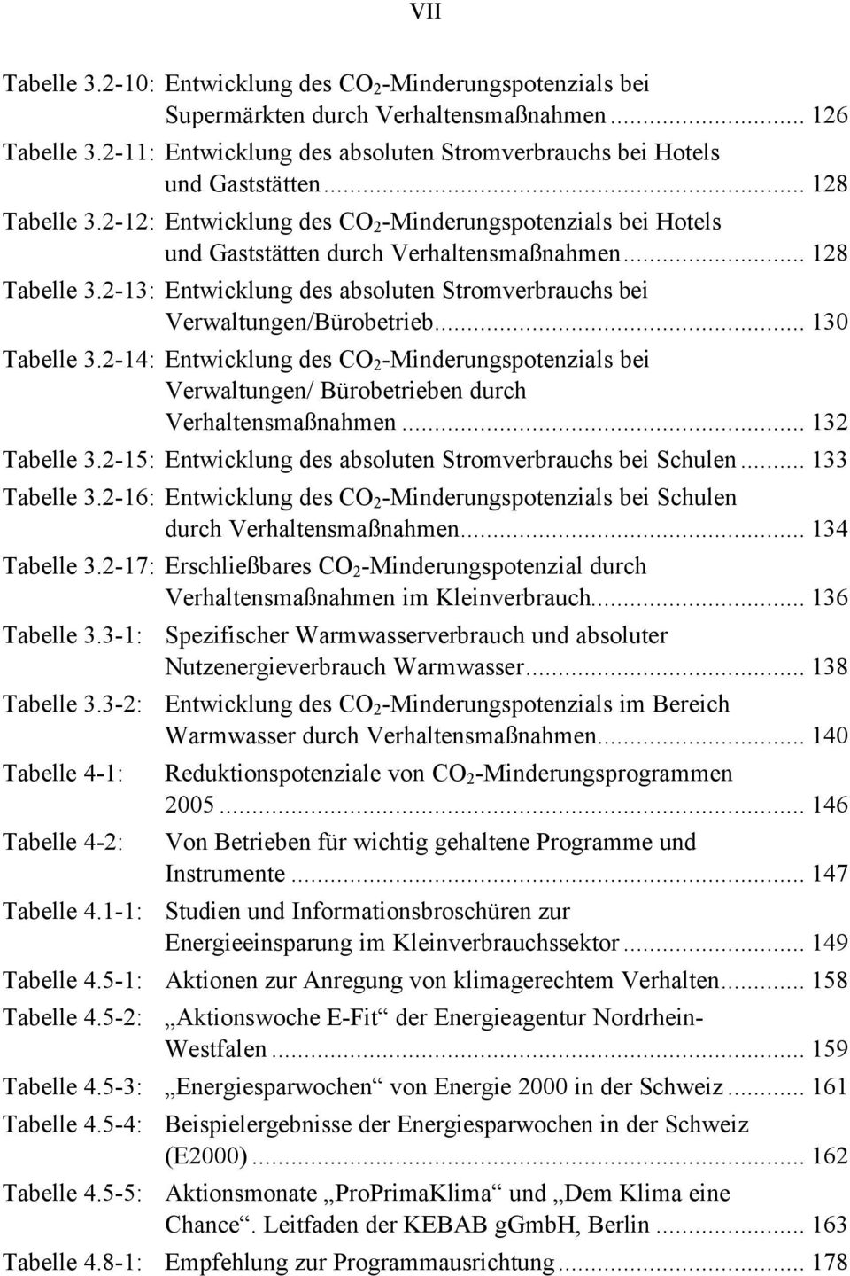 .. 130 Tabelle 3.2-14: Entwicklung des CO 2 -Minderungspotenzials bei Verwaltungen/ Bürobetrieben durch Verhaltensmaßnahmen... 132 Tabelle 3.