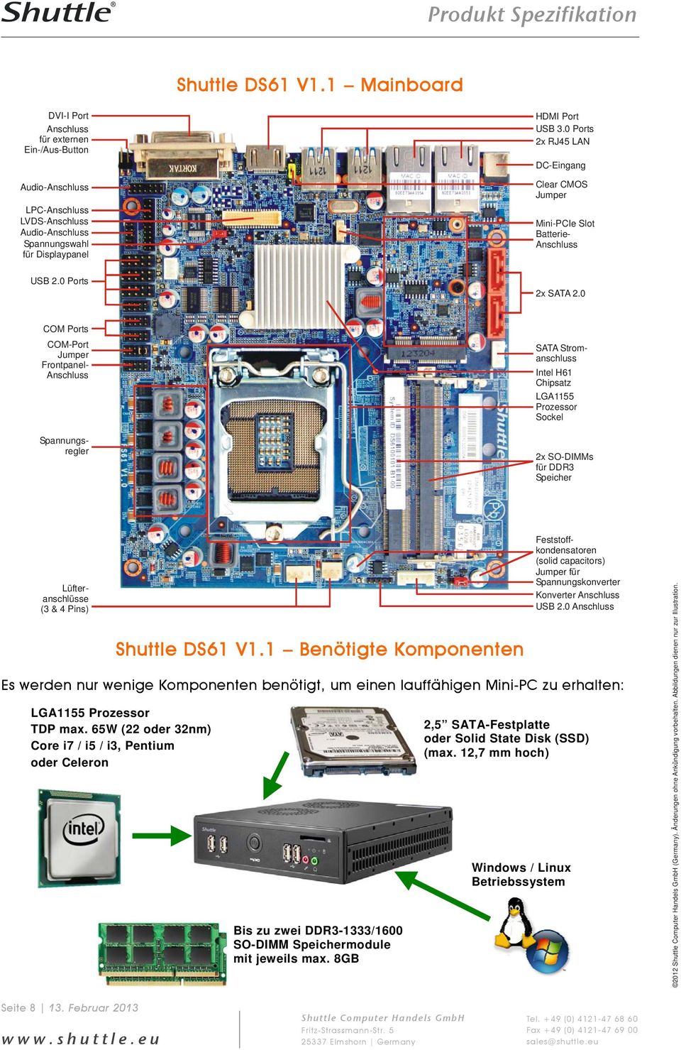 0 COM Ports COM-Port Jumper Frontpanel- Anschluss Intel H61 Chipsatz LGA1155 Prozessor Sockel 2x SO-DIMMs für DDR3 Speicher Lüfteranschlüsse (3 & 4 Pins) Shuttle DS61 V1.