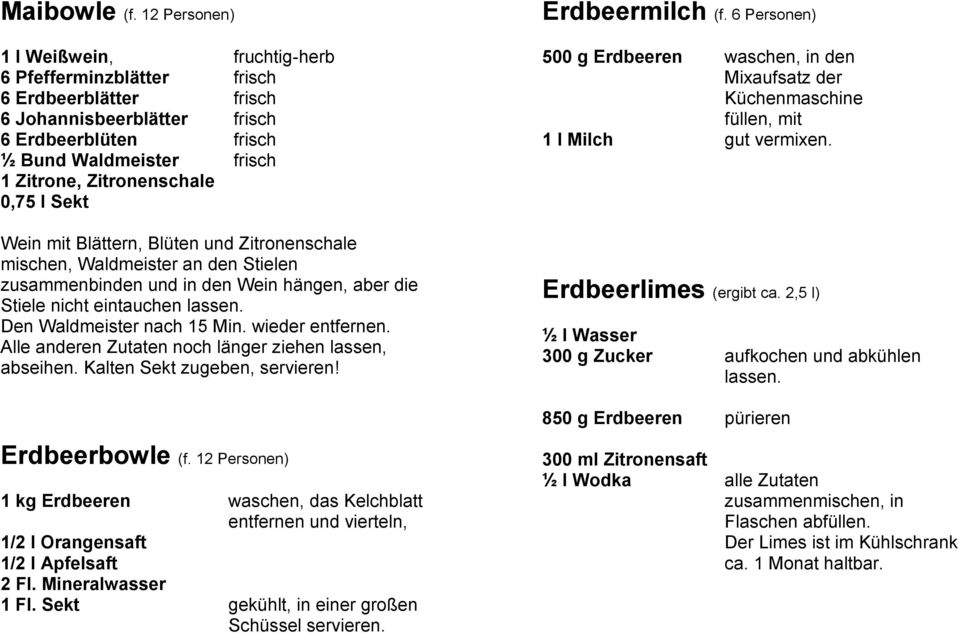 0,75 l Sekt Wein mit Blättern, Blüten und Zitronenschale mischen, Waldmeister an den Stielen zusammenbinden und in den Wein hängen, aber die Stiele nicht eintauchen lassen.