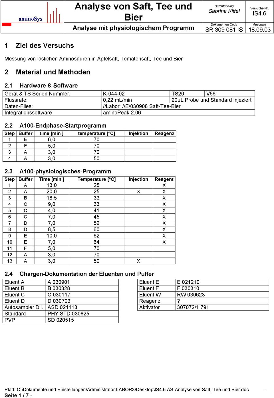 2 A1-Endphase-Startprogramm Step Buffer time [min ] temperature [ C] Injektion Reagenz 1 E 6, 7 2 F 5, 7 3 A 3, 7 4 A 3, 5 2.