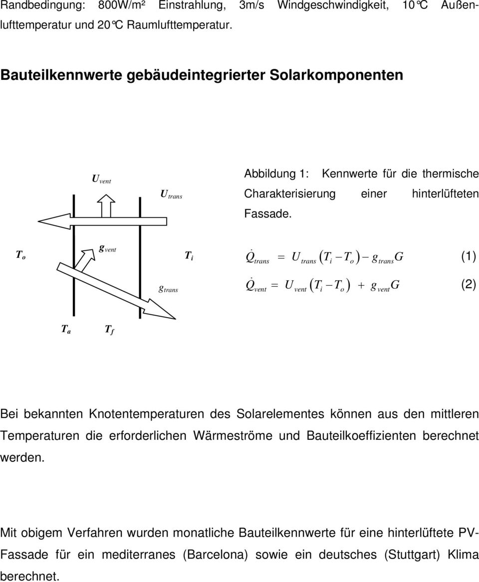 o g vent i ( ) Q = U g G (1) trans trans i o trans g trans ( ) Q = U + g G (2) vent vent i o vent a f Bei bekannten Knotentemperaturen des Solarelementes können aus den mittleren